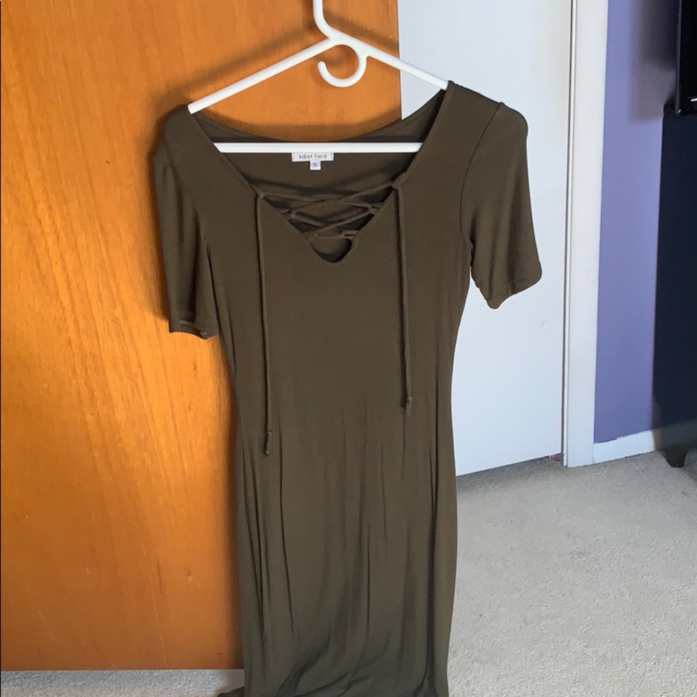 Army green dress with criss cross front.